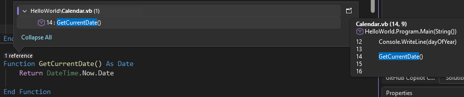 Screenshot som visar CodeLens i Visual Studio.