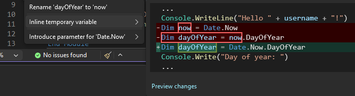 Screenshot som visar förslag på tillfällig inline-variabel i Visual Studio.