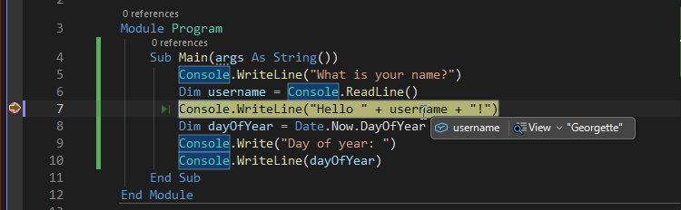 Screenshot som visar ett variabelvärde vid felsökning i Visual Studio.