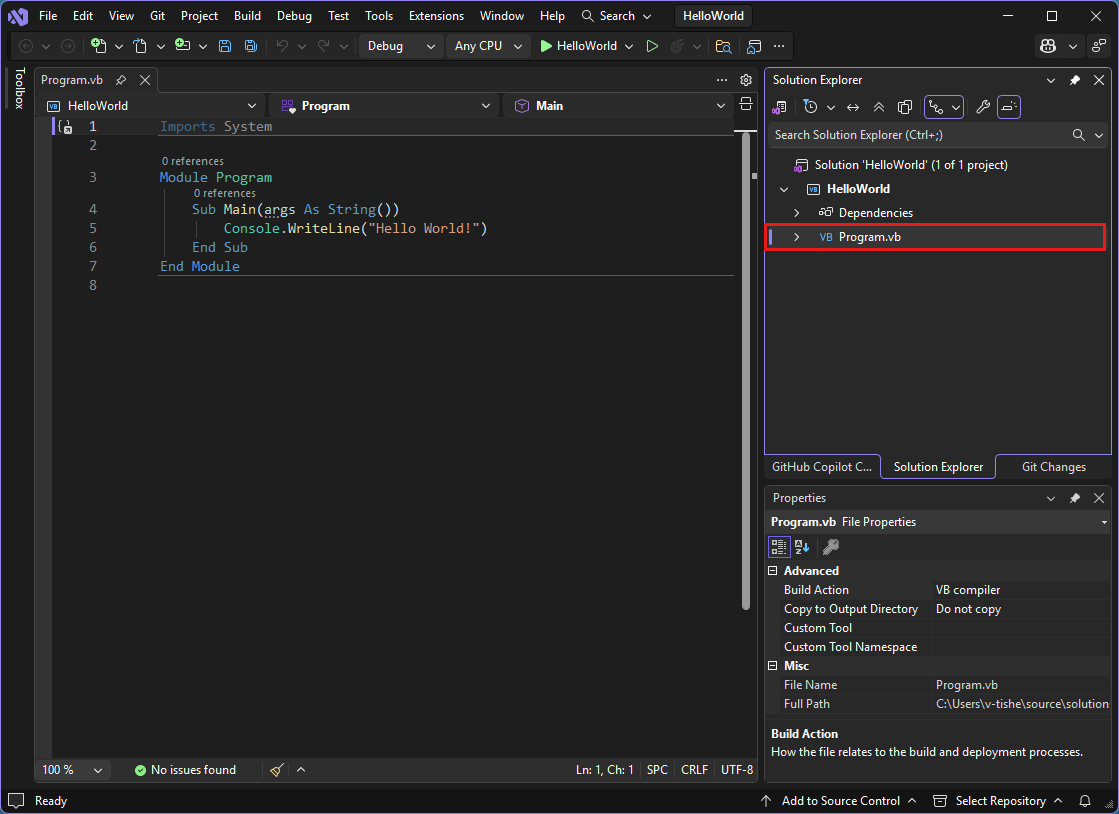 Screenshot som visar Visual Studio IDE med koden Program.vb i editor.