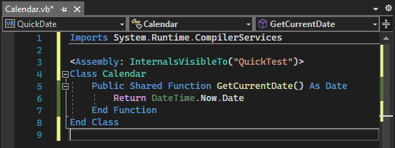 Skärmbild som visar koden för Calendar.vb i Visual Basic kodredigeringsfönstret efter att du har lagt till Imports-satsen och rader med sammansättningsattribut.
