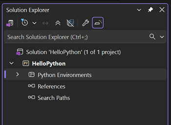 Skärmbild som visar standardmiljön i Prieskumník riešení i Visual Studio.
