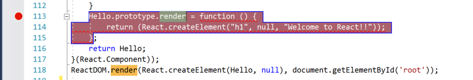 Skärmbild av Visual Studio Code-fönstret. En retursats är markerad och en röd punkt i den vänstra marginalen anger att en brytpunkt är satt.