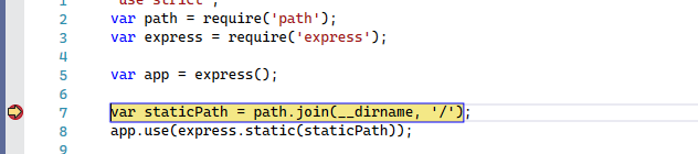Skärmbild av Visual Studio Code-fönstret med JavaScript-kod. En röd punkt i den vänstra rännstenen med gul pil anger paus för körning av kod.
