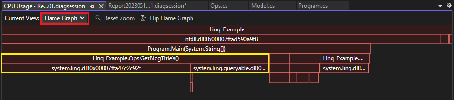 Skärmbild av Flame Graph-vyn i verktyget CPU-användning.