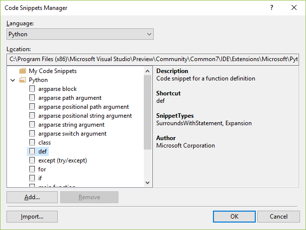 Skärmbild som visar Kodfragmenthanteraren i Visual Studio.