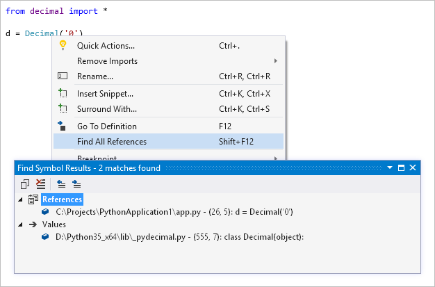 Skärmbild som visar resultatet Hitta alla referenser i Visual Studio.