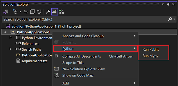 Skärmbild som visar tillgängliga lintningskommandon för Python-projekt i Solution Explorer.