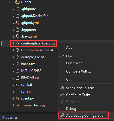 Screenshot som visar hur du väljer alternativet Lägg till felsökningskonfiguration för en vald fil i Visual Studio.