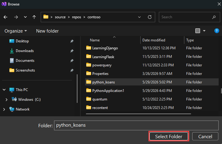 Screenshot som visar hur du väljer den lokala mappen i Visual Studio.