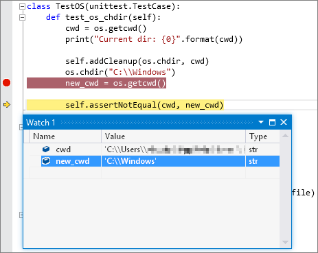 Skärmbild som visar felsökning av utdata för ett Python-enhetstest i Visual Studio.