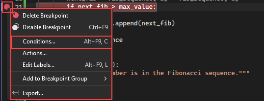 Skärmbild som visar hur du väljer alternativet för att konfigurera Villkor för en brytpunkt i Visual Studio.