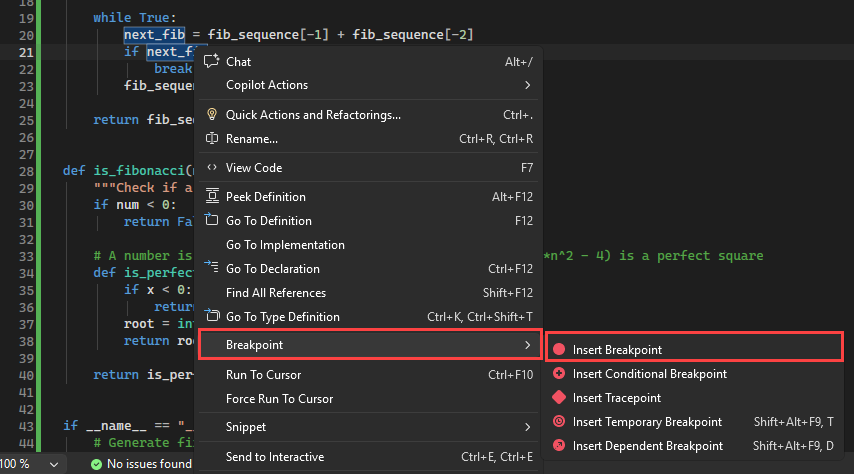 Skärmbild som visar hur brytpunkter visas i vänstermarginalen för kodfilen i Visual Studio.