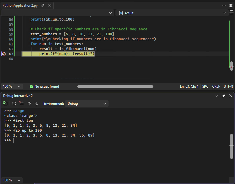 Skärmbild som visar hur du arbetar med Python Debug Interactive-fönstret i Visual Studio.