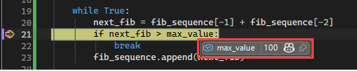 Skärmbild som visar datatips-värdet för en variabel i Visual Studio-felsökningsprogrammet.