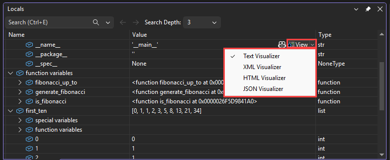 Skärmbild som visar hur du kommer åt visualiserare från visningsförstoringsglaset i Visual Studio-felsökningsprogrammet.