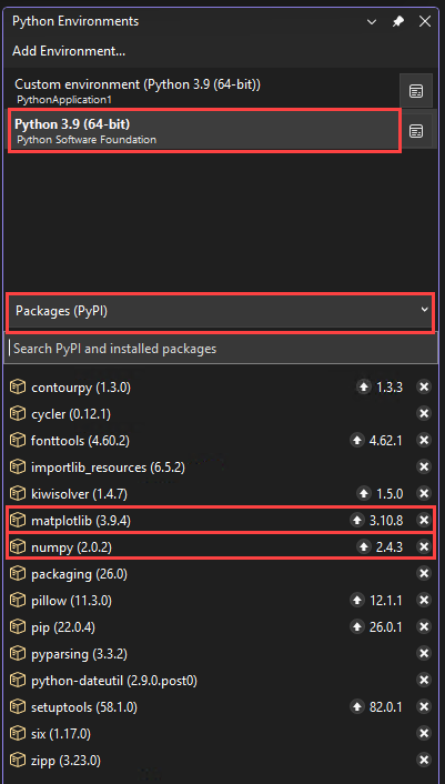 Skärmbild som visar de nyligen installerade matplotlib- och numpy-paketen för den valda miljön i Python-miljöfönstret i Visual Studio.