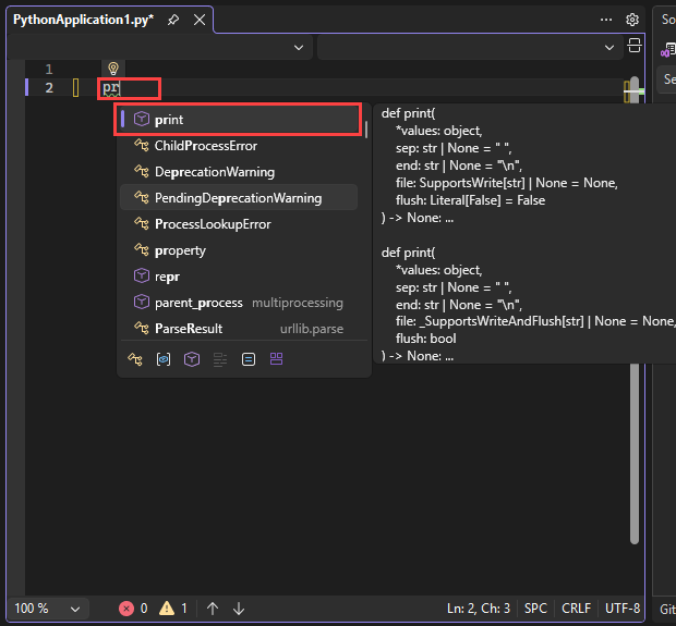 Skärmbild som visar alternativ för automatisk komplettering av IntelliSense i redigeraren i Visual Studio. Standardalternativet för slutförande är markerat.