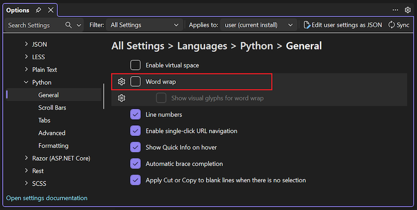 Skärmbild som visar hur du aktiverar ordomslutning för Python i Visual Studio.