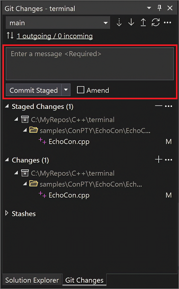 Skärmbild av dialogrutan Git-ändringar i Visual Studio 2022.