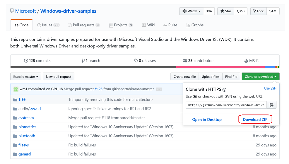 Skärmbild av GitHub-lagringsplatsen som visar den allmänna mappen och knappen Ladda ned ZIP.