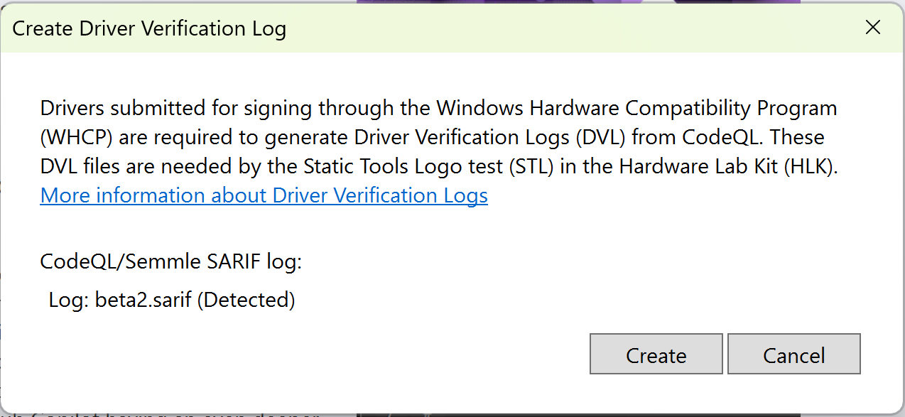 Skärmbild av Visual Studio-meddelande för CodeQL DVL-generering.