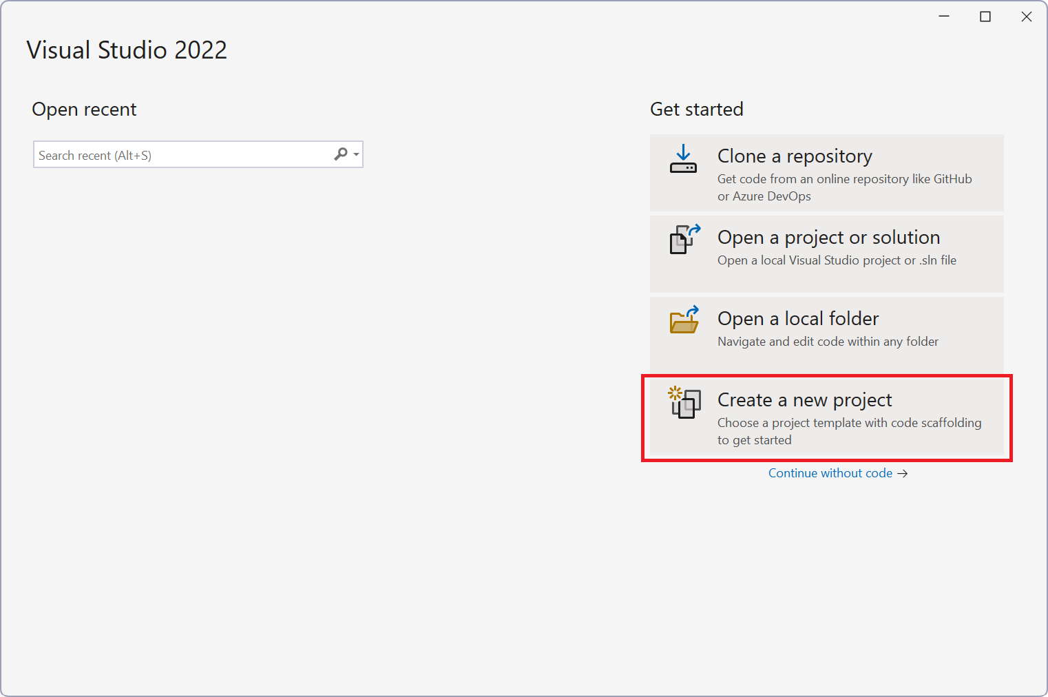 Skärmbild av Visual Studio startfönster.