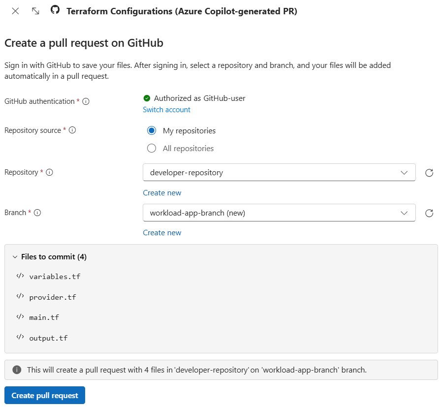 Azure Copilot 在 GitHub 上创建拉取请求以添加生成的文件的屏幕截图。