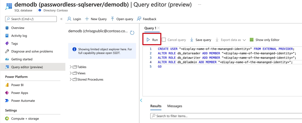 Azure 门户的屏幕截图，其中显示了 SQL 数据库查询编辑器，其中包含用于创建用户和添加角色的查询。