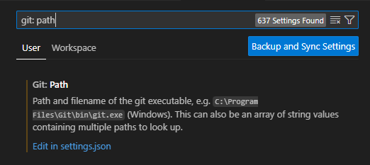Visual Studio Code 中 Git 路径的设置搜索栏的屏幕截图。