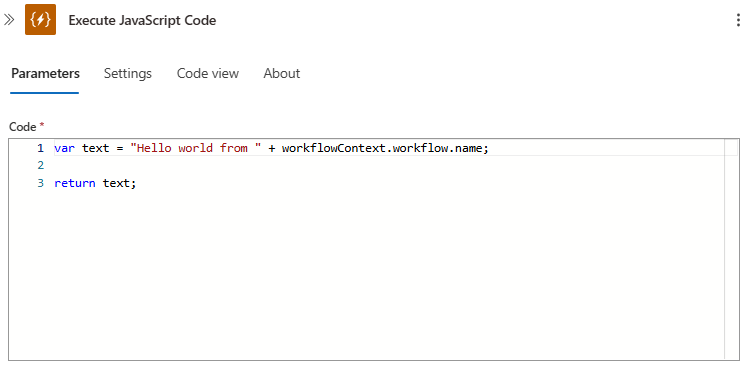 显示执行 JavaScript 代码操作的屏幕截图，并附有默认示例代码。