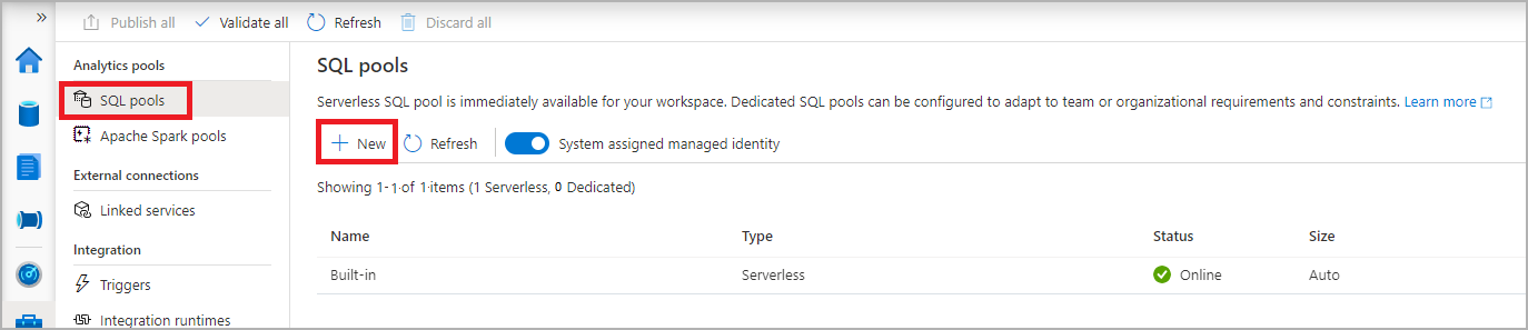 Synapse Studio Management Hub 中 SQL 池列表的屏幕截图。