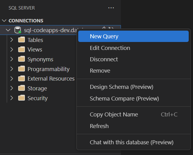 VS Code SQL 扩展中数据库的新查询命令