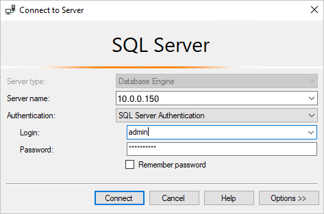 SQL Server Management Studio 的屏幕截图：连接到 SQL 数据库服务器。