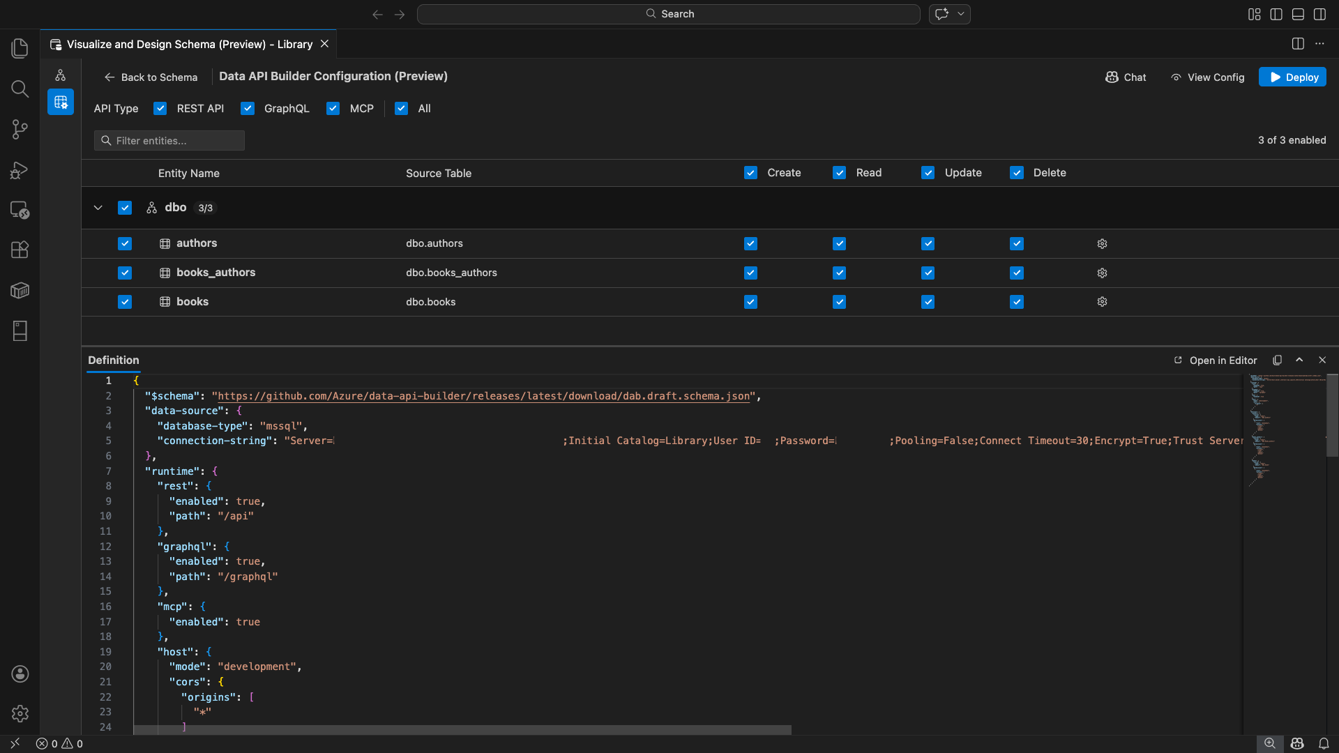 Visual Studio Code 中带有实体列表和 CRUD 复选框的数据 API 生成器 UI 的屏幕截图。