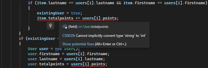 显示 Visual Studio 中类型转换错误的屏幕截图。
