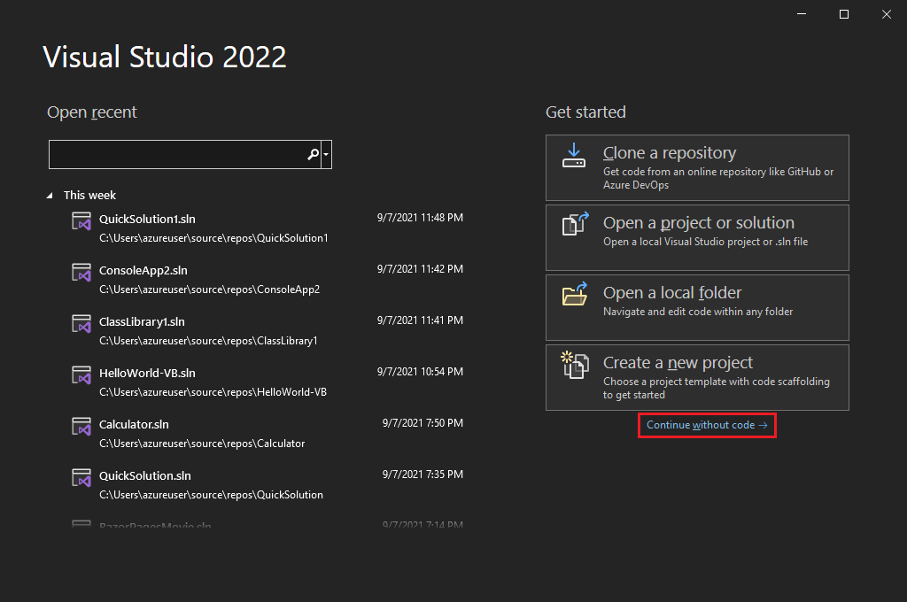 Visual Studio“开始”屏幕的截图，其中突出显示了“无代码继续”链接。
