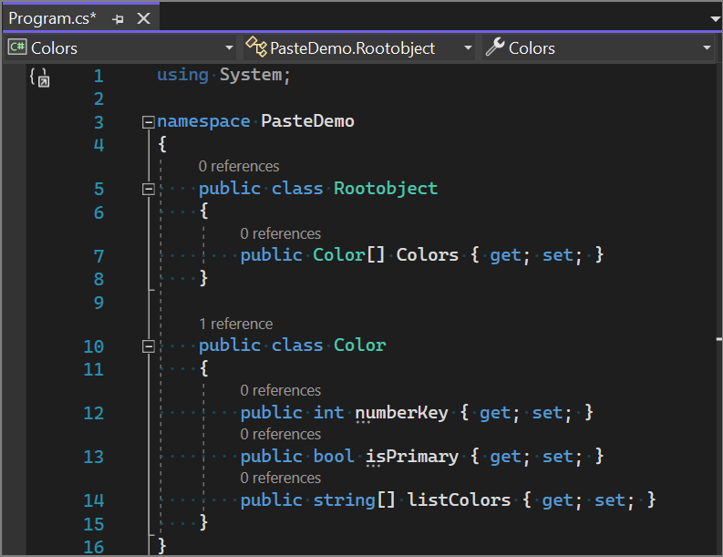 使用 Visual Studio 中的 Paste Special 功能转换为类的 JSON 示例文本的屏幕截图。