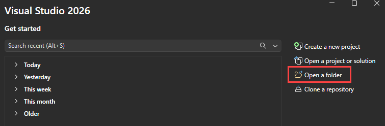 显示如何在 Visual Studio 启动时选择“打开本地文件夹”选项的屏幕截图。