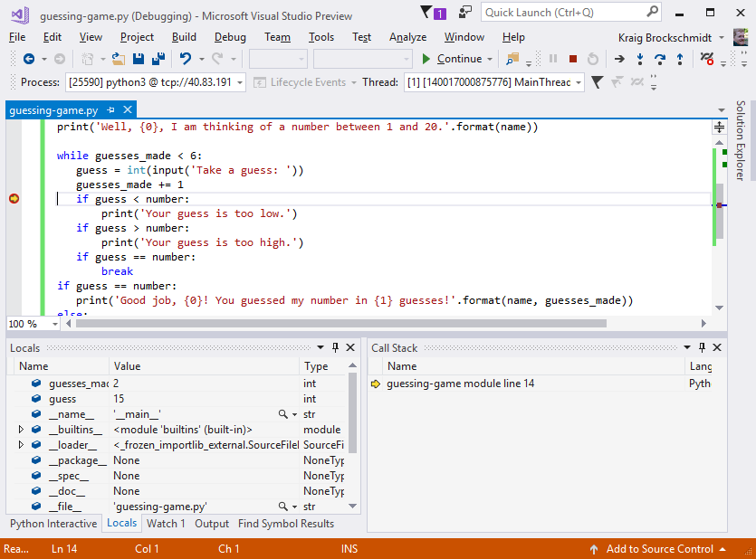 显示命中断点时 Visual Studio 如何暂停调试的屏幕截图。