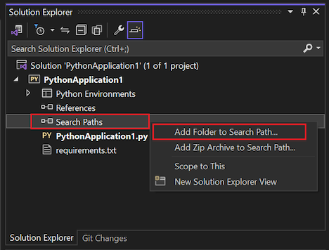显示如何在解决方案资源管理器中访问 Python 项目的搜索路径上的“添加文件夹到搜索路径”命令的屏幕截图。