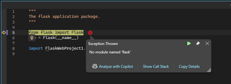 用于 Python 的 Visual Studio 调试器的屏幕截图，其中显示了异常弹出对话框。