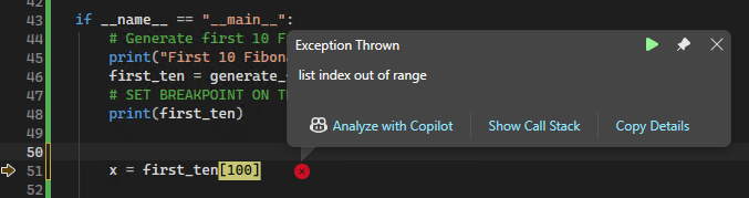 显示 Visual Studio 调试器中未经处理的错误的异常弹出窗口的屏幕截图。
