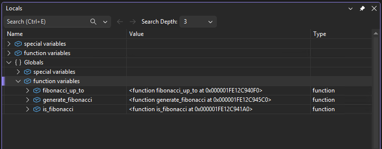 显示 Visual Studio 调试器中“局部变量”窗口的屏幕截图。