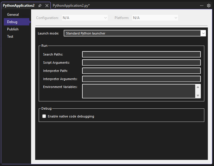 显示 Visual Studio 调试器中的 Python 项目调试属性的屏幕截图。