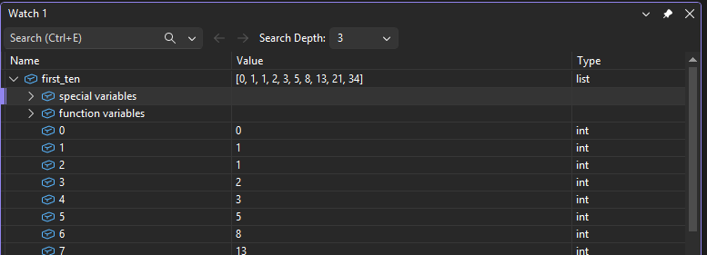 显示 Visual Studio 调试器中的“监视”窗口的屏幕截图。
