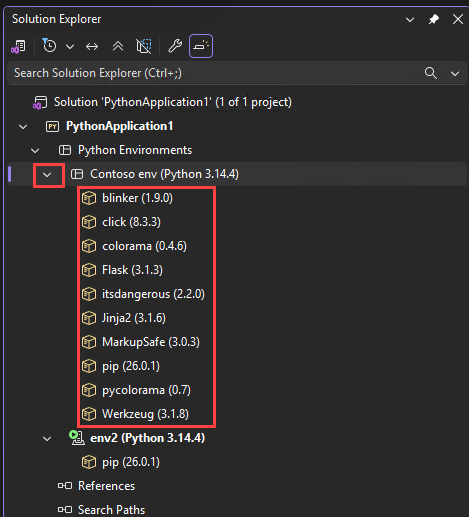显示在 Visual Studio 的解决方案资源管理器中为环境提供的 Python 包的截图。