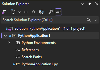 显示 Visual Studio 解决方案资源管理器中打开的 Python 项目的屏幕截图。