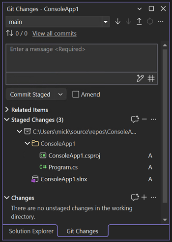 显示 Visual Studio 中的 Git 提交对话框的屏幕截图。